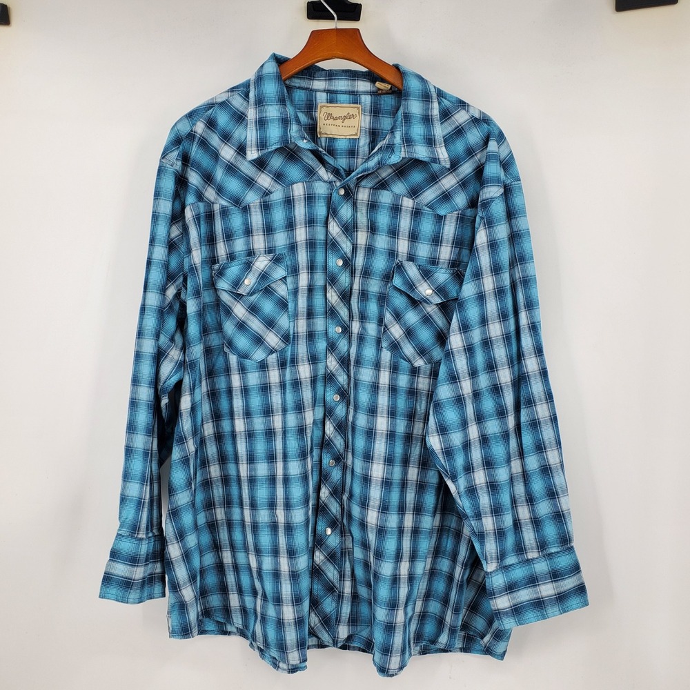 Wrangler Western Shirt Mens 4XL Blue Plaid Pearl Snap Long Sleeve Cowboy Ranch